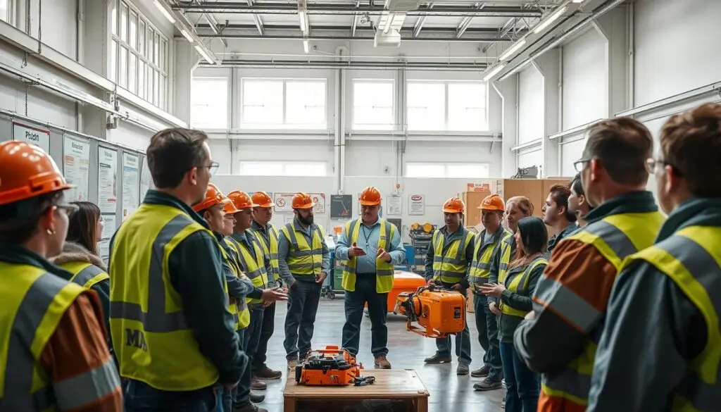 Technicians participating in safety training session at heavy duty repair facility