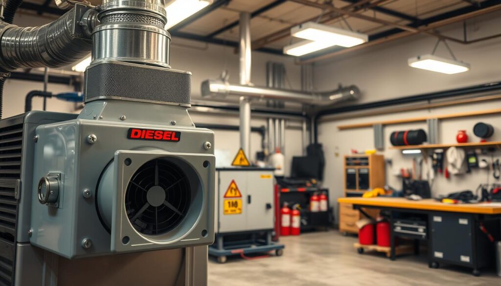 Workshop ventilation safety setup for diesel fuel systems showing exhaust fans and fire suppression equipment