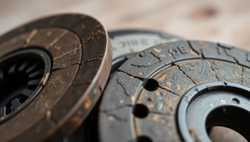 Worn transmission clutch plates showing friction material degradation