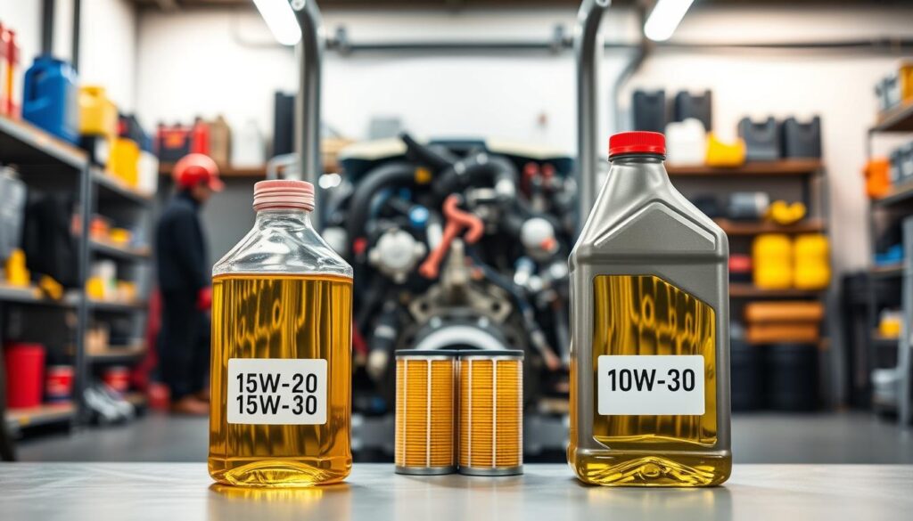 Side-by-side comparison showing 15W-40 conventional and 10W-30 synthetic diesel engine oil containers with performance specifications