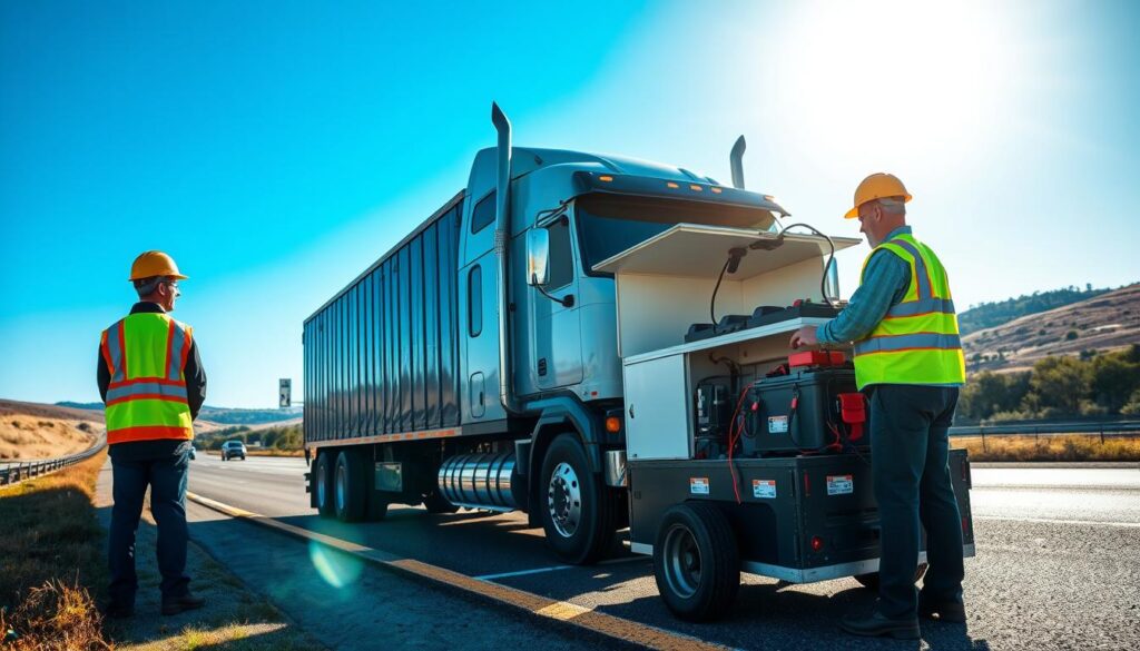 Technician providing battery jump-start service to commercial truck