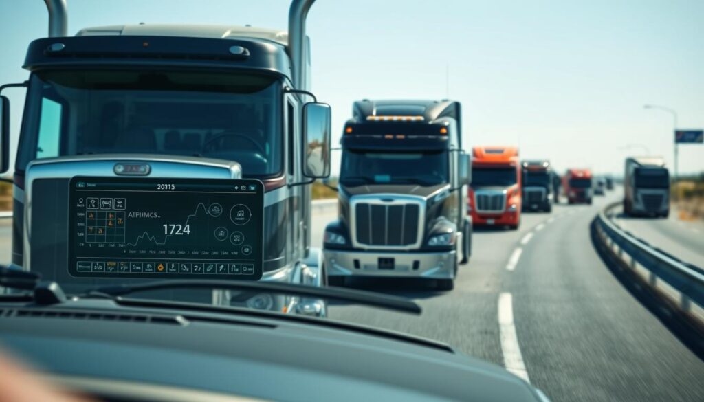AI-powered dashcam installation in commercial truck cab showing driver monitoring interface