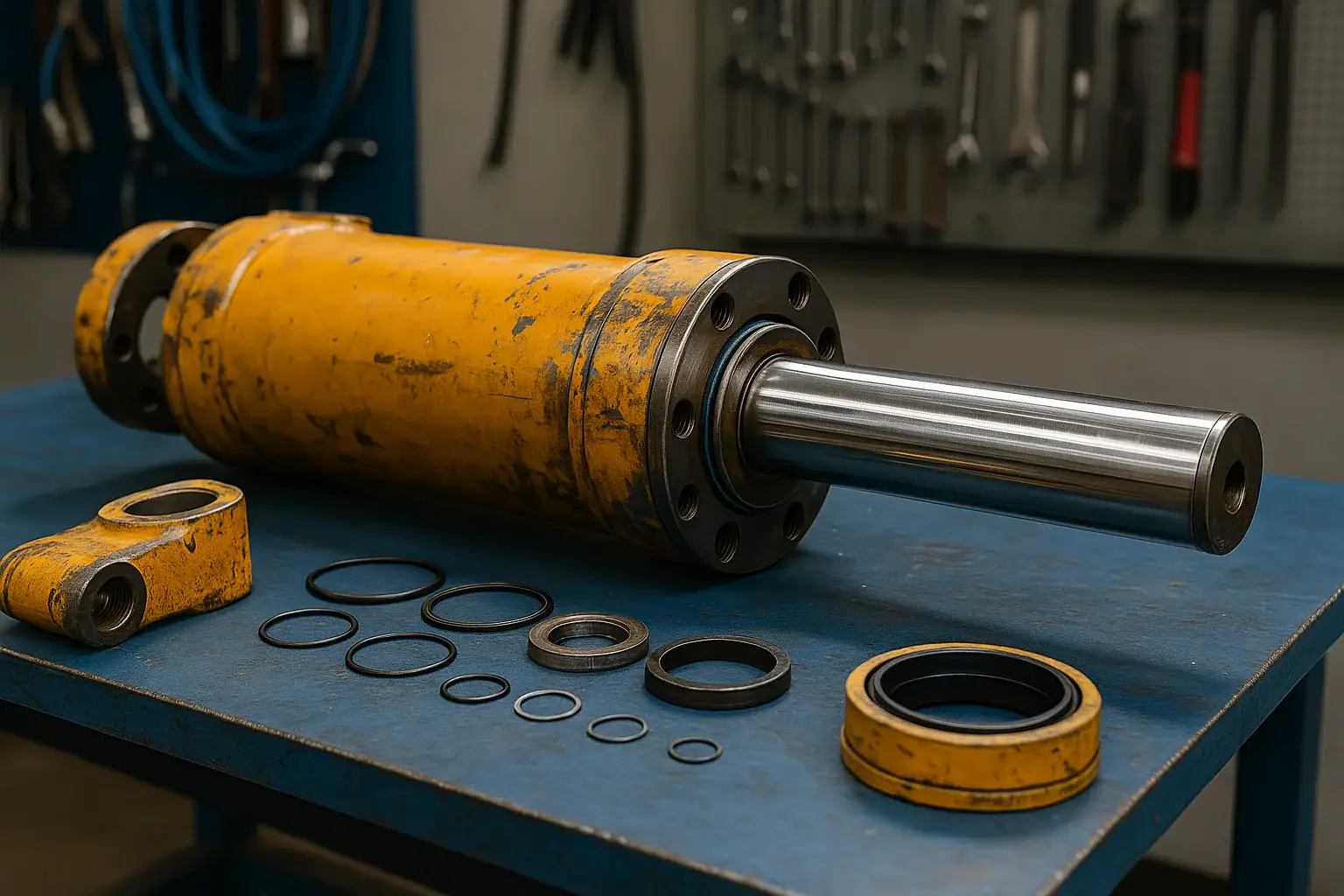 Cutaway view of hydraulic cylinder showing piston seal, rod seal, wiper seal, and wear ring positions