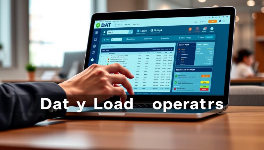 DAT load board interface showing freight search and broker verification features