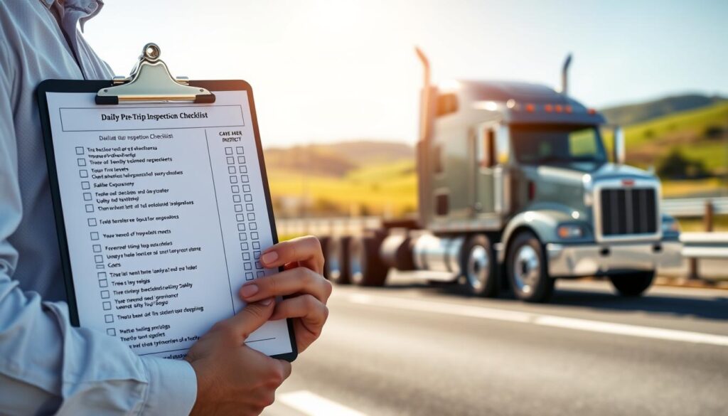 Owner-operator conducting daily pre-trip inspection checking fluid levels and tire condition