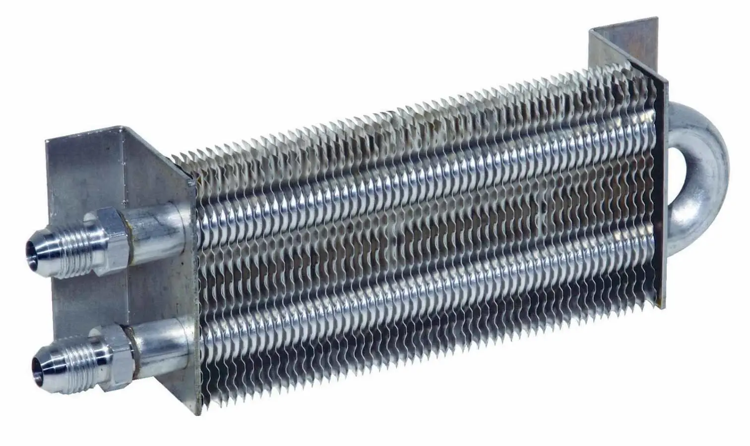 Diesel fuel cooler heat exchanger showing internal passages and mounting configuration