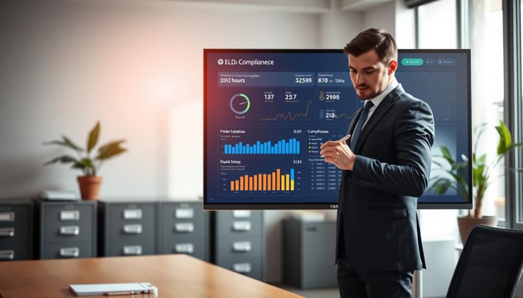 Electronic logging device compliance dashboard showing driver hours and duty status tracking