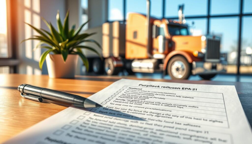 Fleet manager reviewing EPA Phase 3 emissions compliance documentation for heavy-duty vehicles
