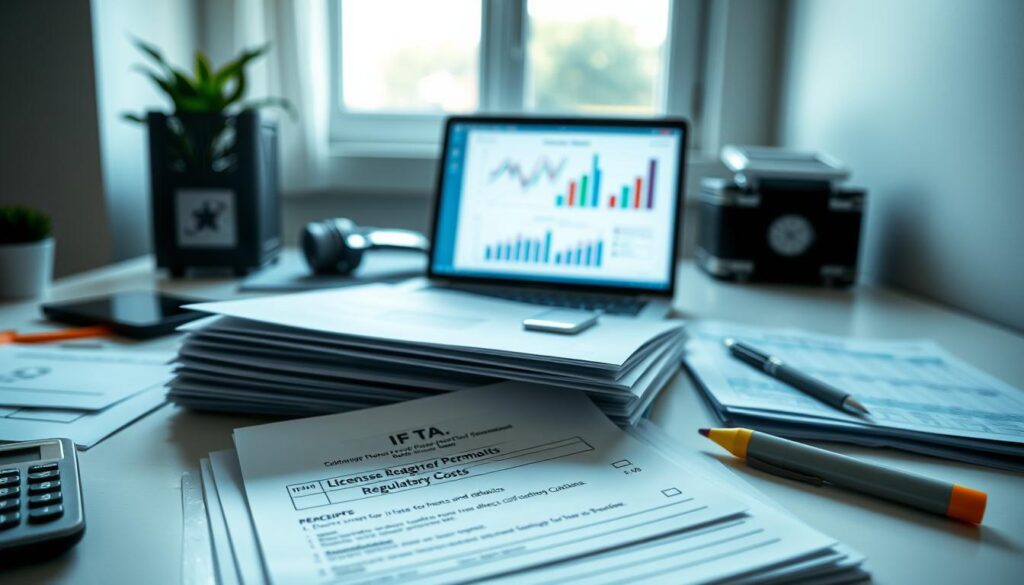 IFTA reporting paperwork and fuel tax receipts on desk showing compliance documentation requirements