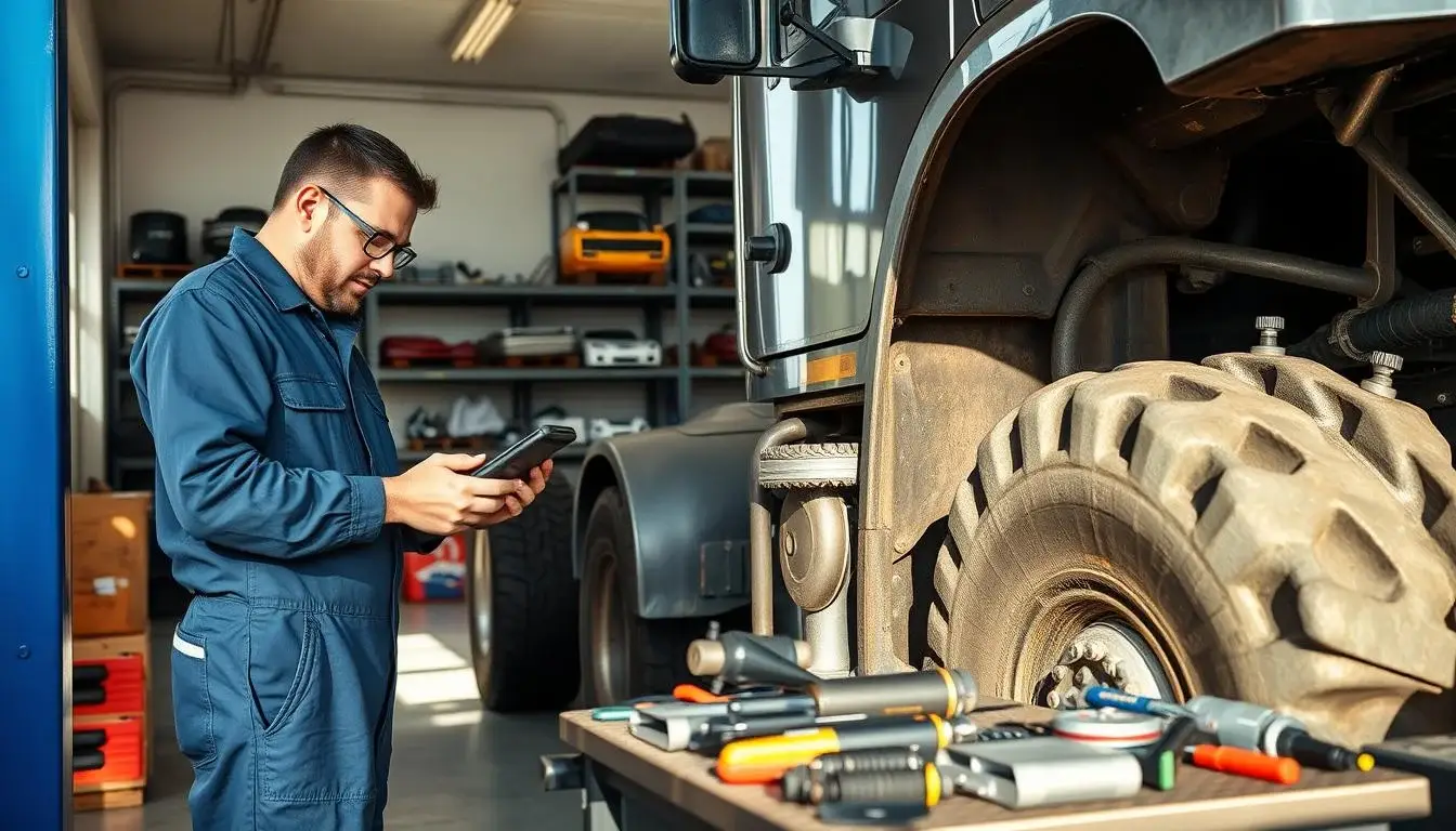 Diesel technician performing independent mechanical assessment of commercial truck engine