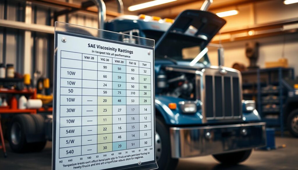 SAE viscosity grade chart showing cold-cranking and operating temperature performance ratings for Class 8 diesel engines