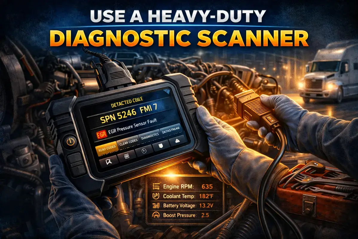 Heavy-duty diagnostic scanner connected to semi truck 9-pin Deutsch connector for reading SPN FMI fault codes