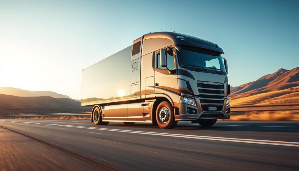 Semi truck equipped with roof fairings and side skirts demonstrating aerodynamic improvements for improved fuel efficiency