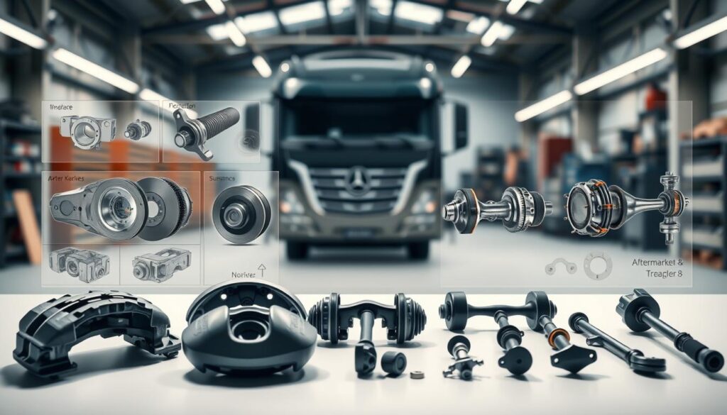 Quality comparison display showing OEM, aftermarket, and remanufactured truck parts options