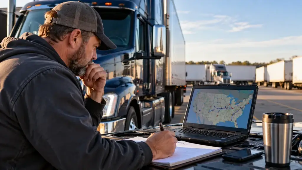 Owner-operator reviewing freight lanes and route options on a laptop beside a semi-truck at a freight yard while planning profitable loads and minimizing empty miles.
