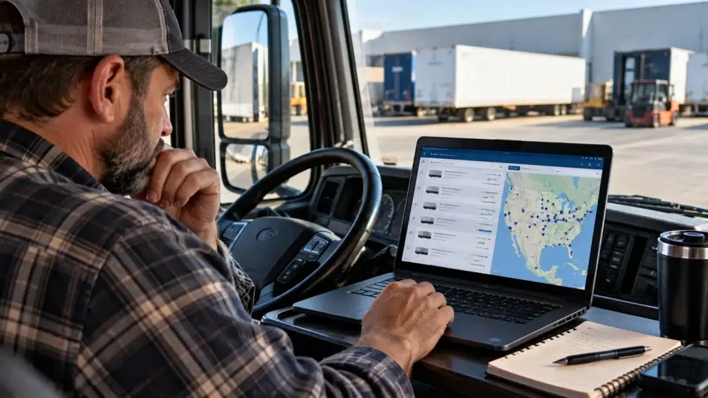 Owner-operator using a laptop inside a semi-truck cab to review freight load listings and available routes while parked at a commercial distribution yard.