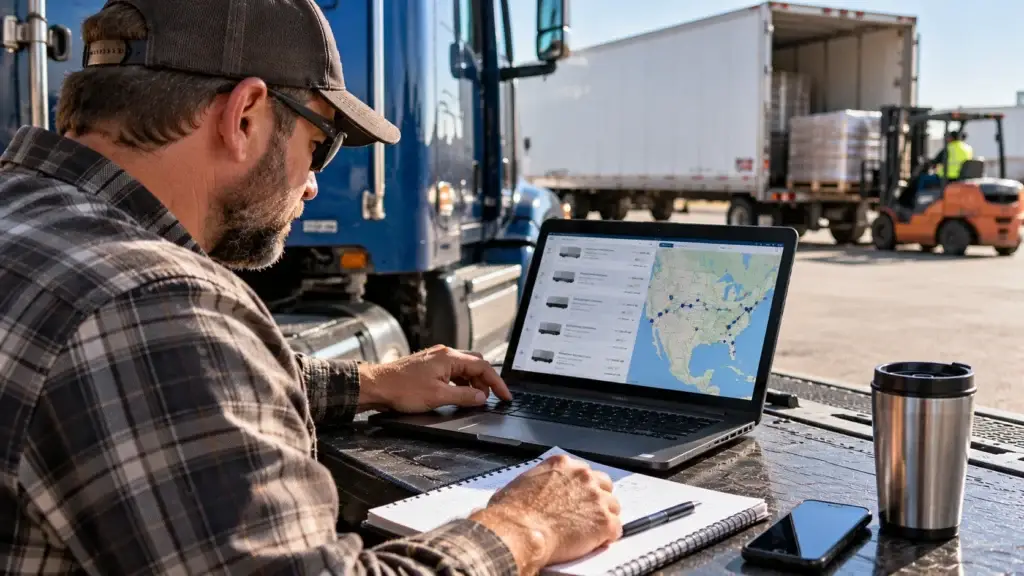 Owner-operator using a laptop beside a semi-truck to compare freight load listings and routes while a trailer is being loaded at a commercial freight yard.