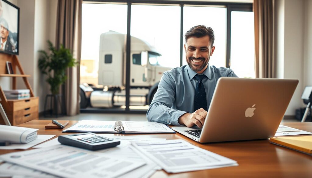 Owner operator at desk reviewing tax documents and expense receipts for trucking business deductions