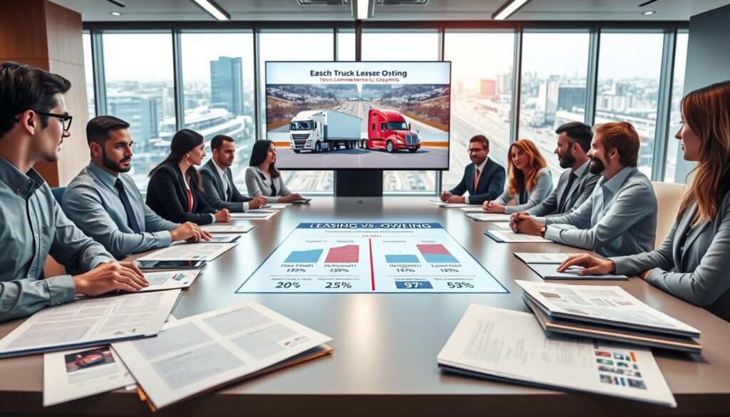 New owner operator reviewing commercial truck lease paperwork at dealership