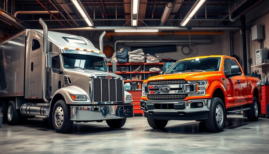 Side-by-side comparison of Class 8 semi-truck and pickup truck illustrating repair cost differences