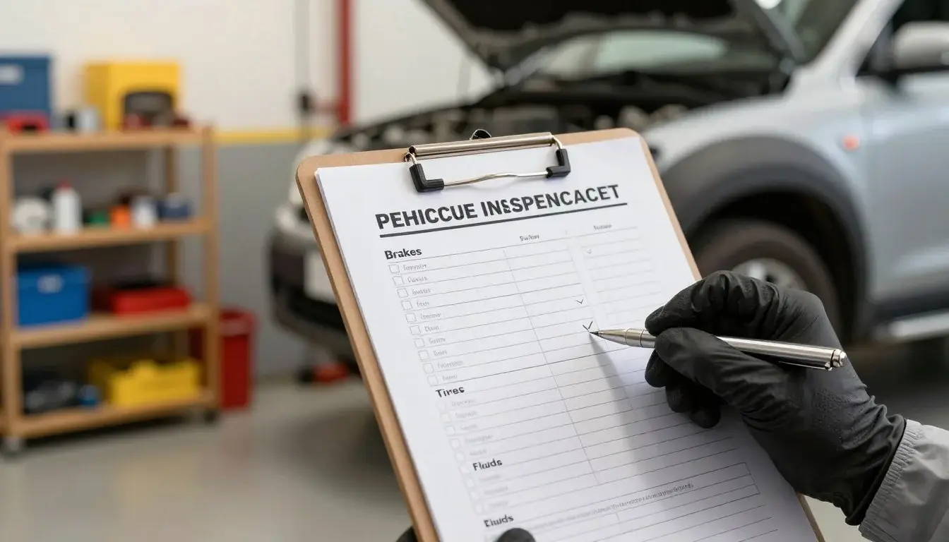 Diesel technician completing vehicle inspection checklist for brakes tires and fluids in shop