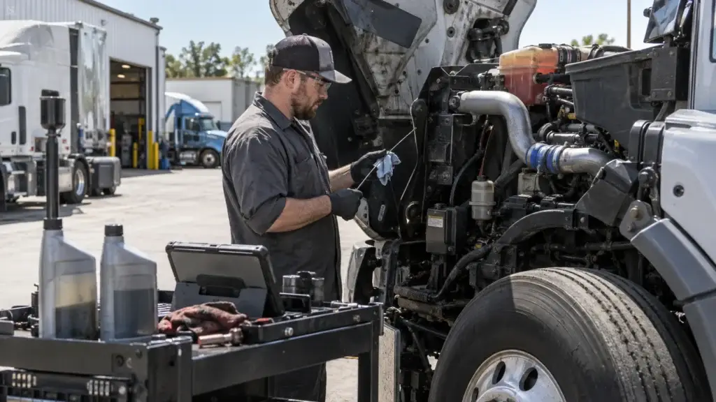 Diesel technician checking engine oil condition on a Class 8 truck during heavy-duty fleet maintenance.