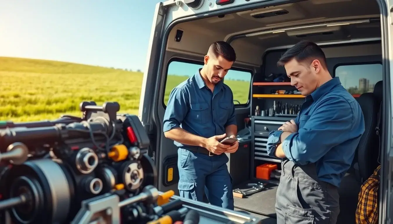 Mobile diesel technician reviewing business licensing documents and state repair dealer requirements
