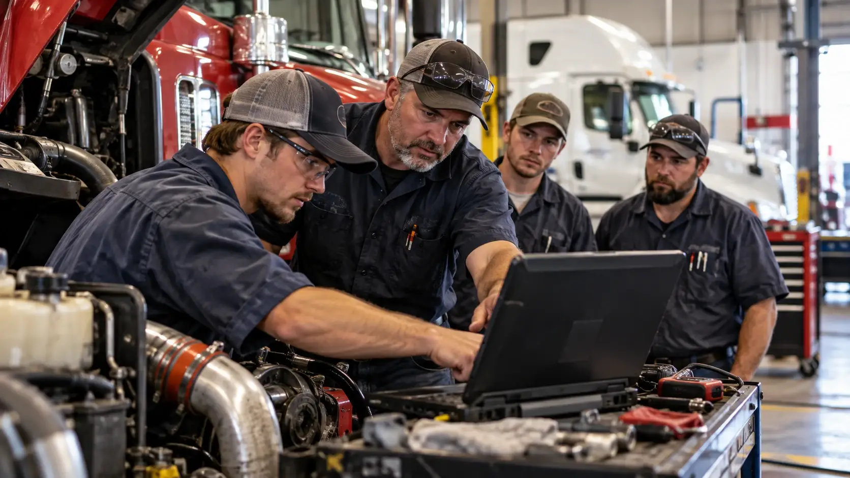 Senior diesel technician mentoring a younger technician during heavy-duty truck diagnostics with a laptop and exposed engine inside a commercial repair shop.