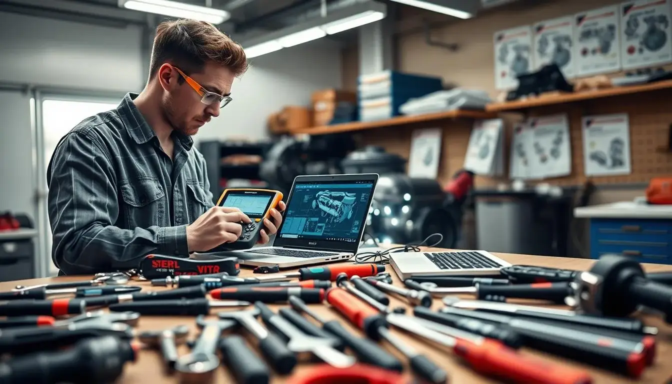 ASE certified diesel technician using diagnostic scan tools on commercial truck engine