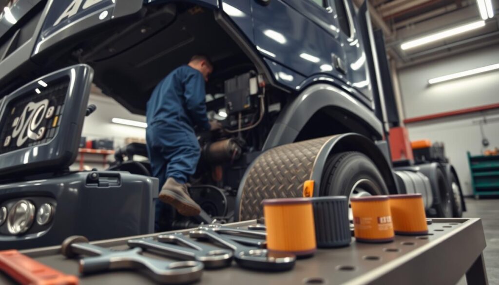 Technician performing quarterly oil change and fuel filter service on diesel truck