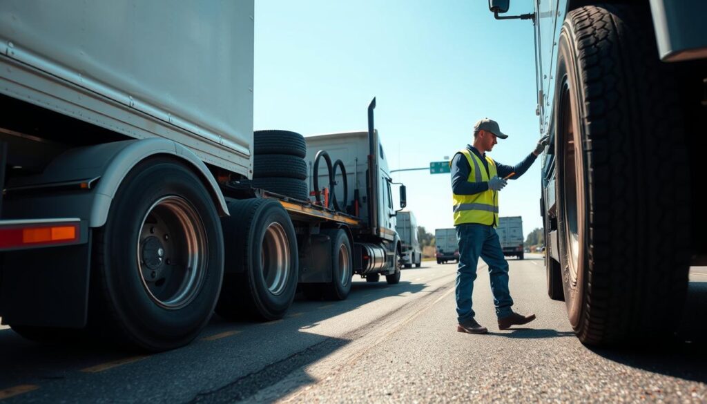 Technician performing emergency tire service on commercial truck