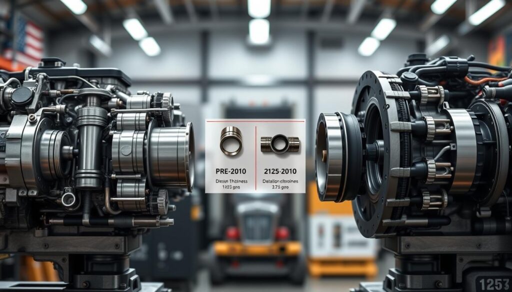 Cross-section diagram comparing internal clearances and tolerances between pre-2010 and modern diesel engines