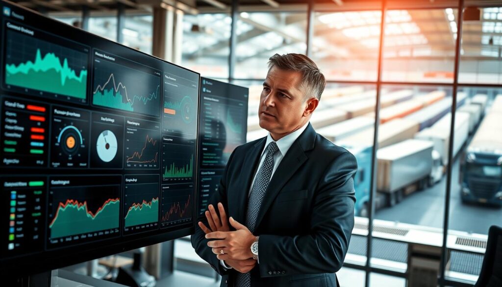 Fleet management software dashboard displaying real-time GPS tracking and driver performance metrics