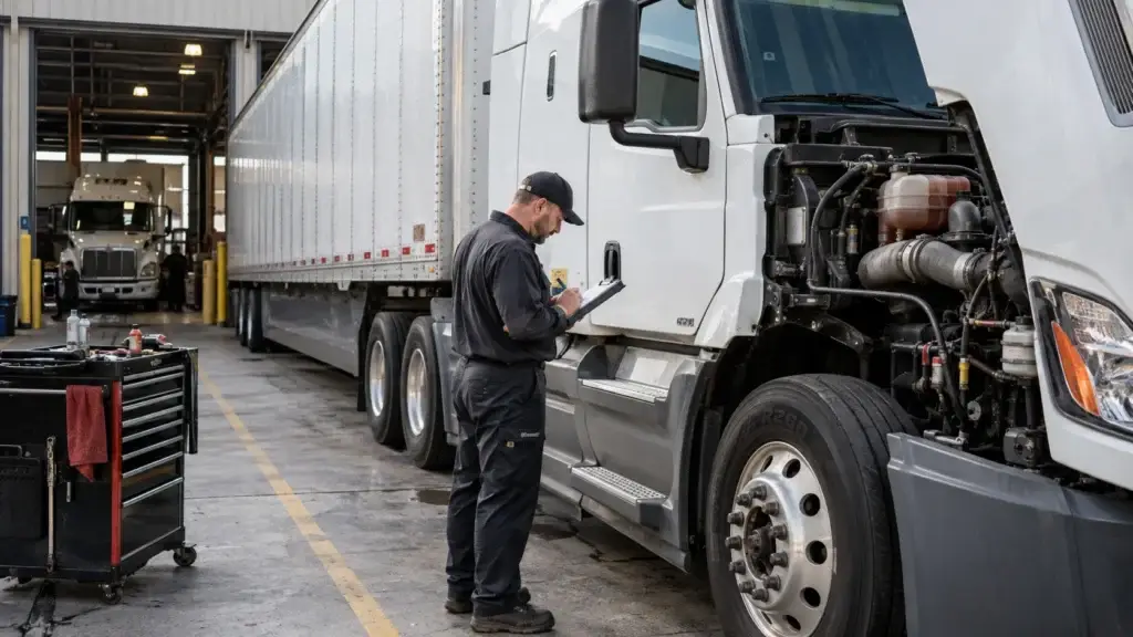 Diesel technician completing a preventive maintenance inspection checklist beside a Class 8 truck in a commercial fleet service bay.