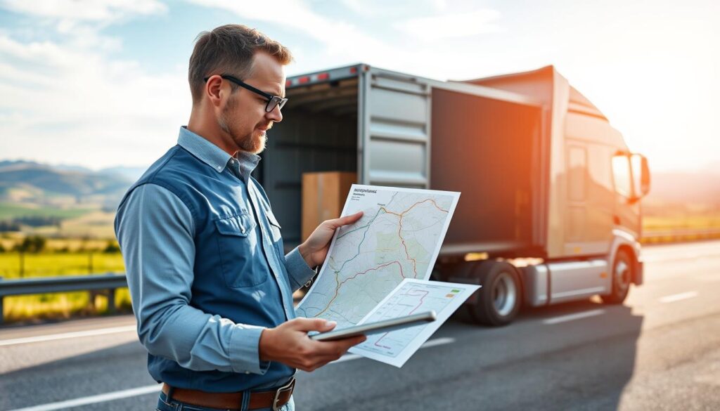 Truck driver reviewing route planning software showing fuel-efficient navigation options