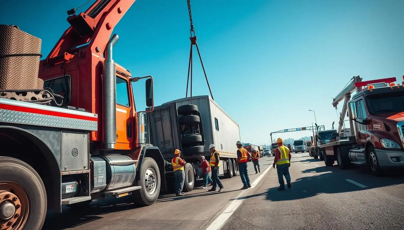 Heavy-duty rotator wrecker performing commercial truck recovery operation on highway