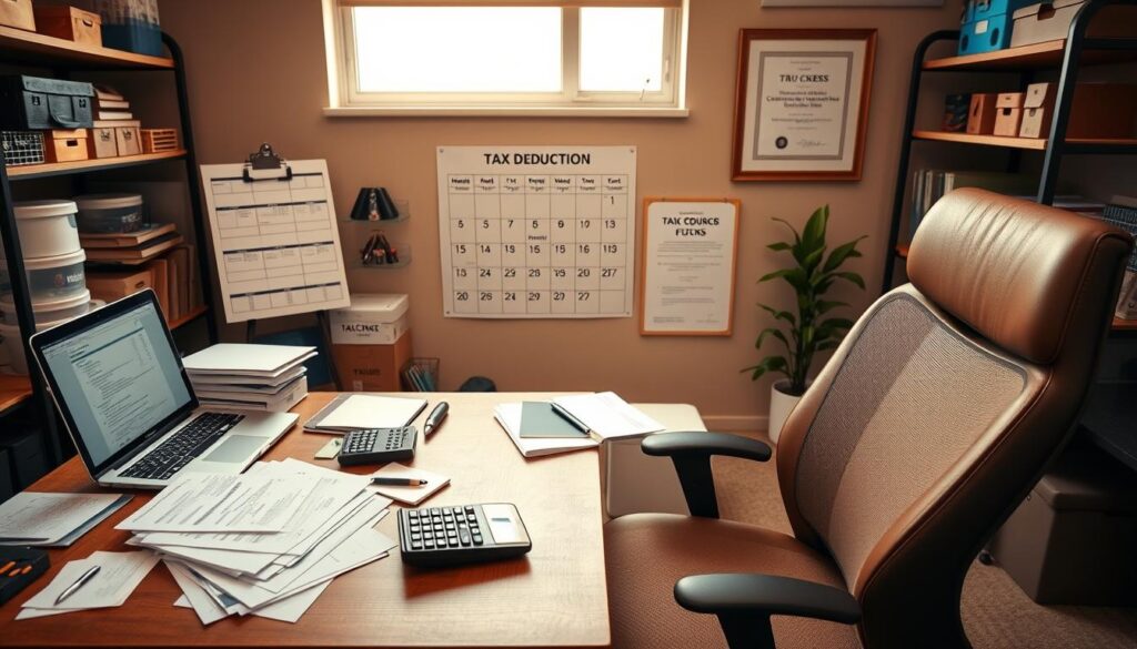 Home office workspace with computer and filing system for trucking business administration