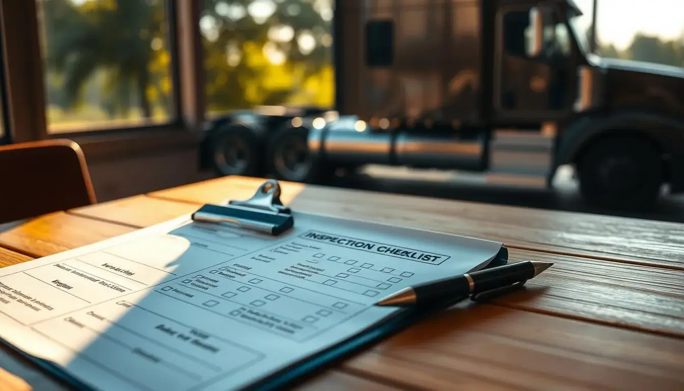 Diesel technician inspecting used semi truck engine compartment during pre-purchase evaluation