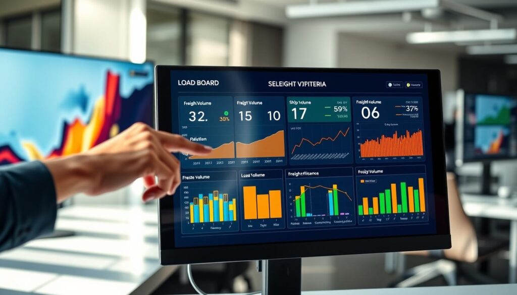 Load board dashboard displaying freight volume metrics and search criteria options