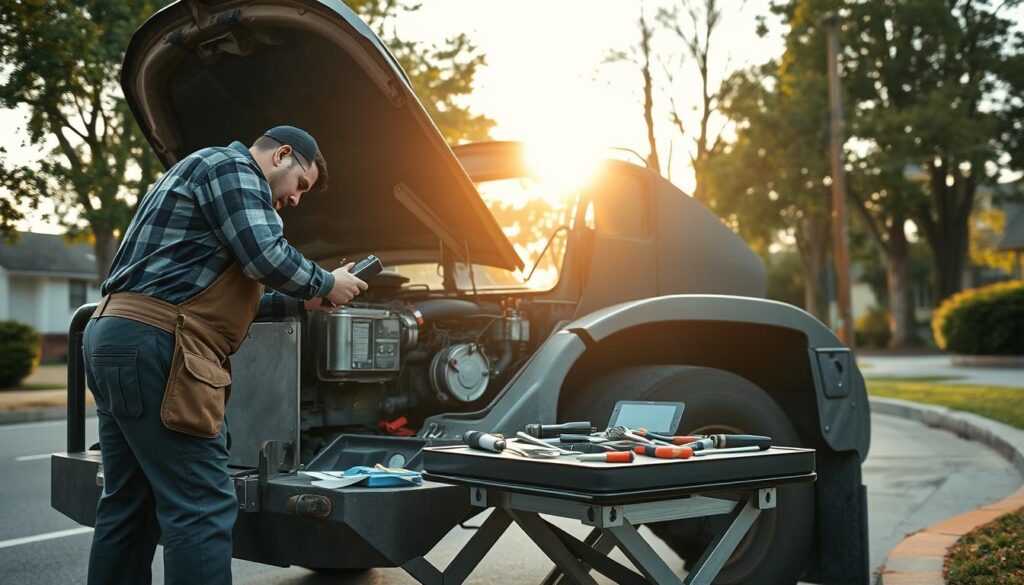 Mobile mechanic using diagnostic scan tool on commercial truck