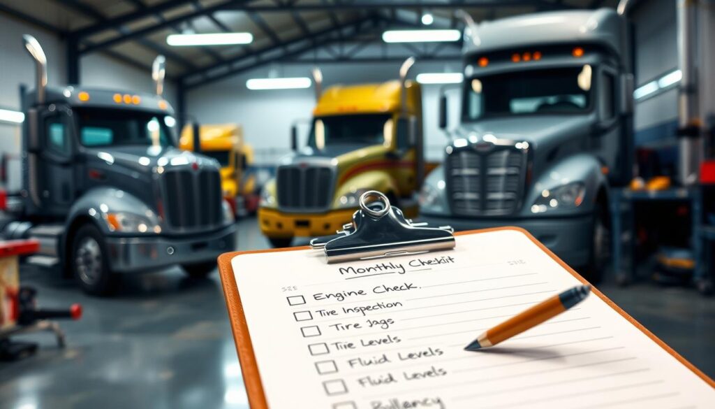 Comprehensive monthly maintenance checklist showing chassis lubrication points and coolant system inspection
