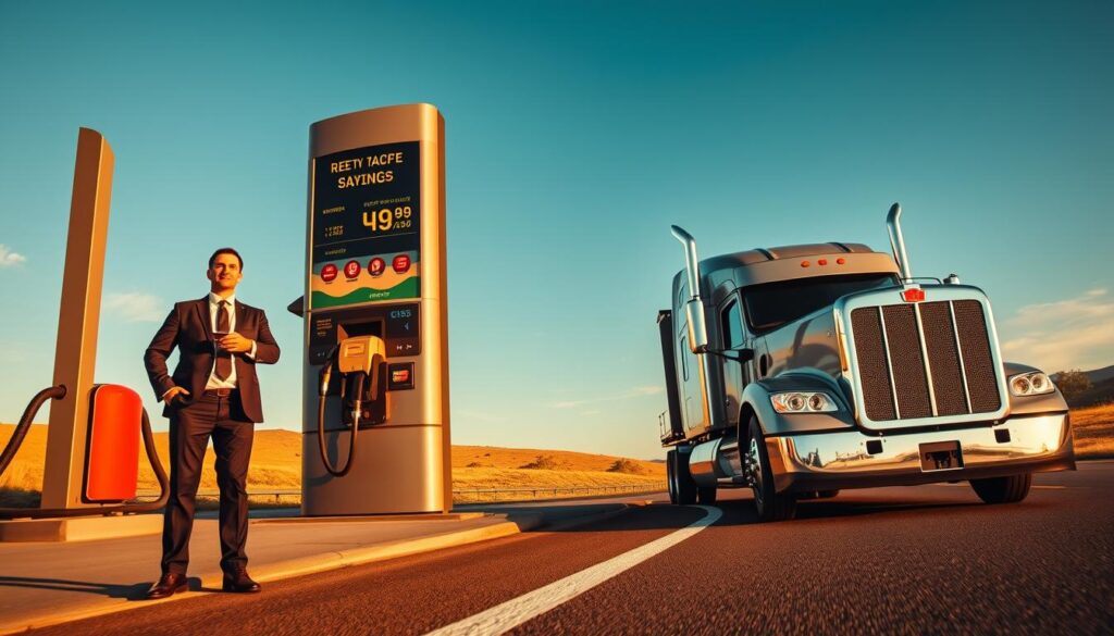 Owner-operator using fuel card at truck stop fuel island for diesel savings and discount capture