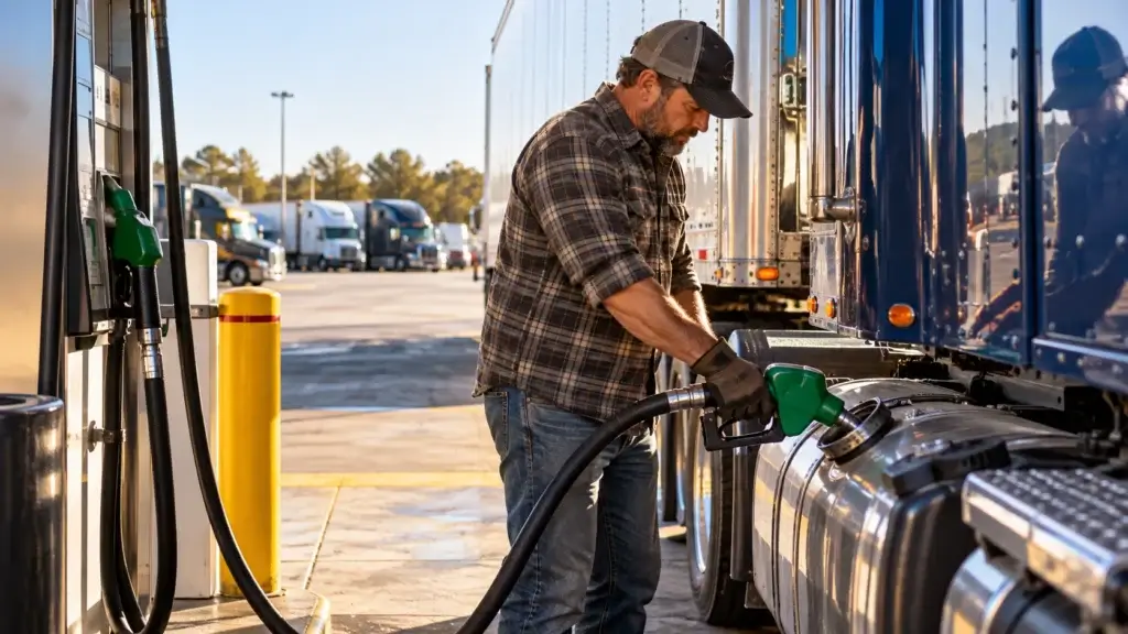 Owner-operator fueling a blue semi-truck at a commercial truck stop while managing diesel costs and fuel efficiency for long-haul operations.