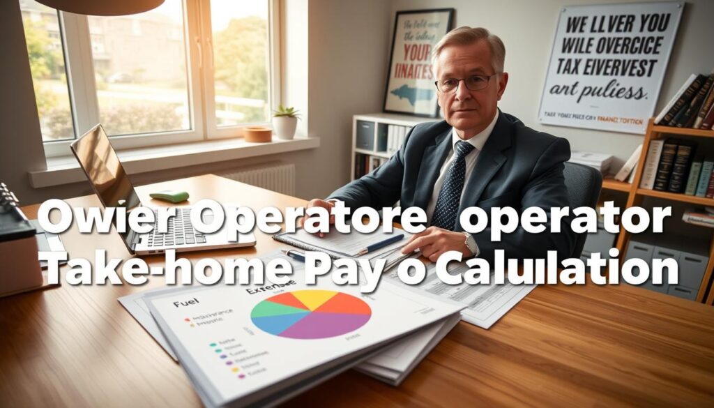 Calculator and spreadsheet showing owner operator take home pay calculation with expense deductions
