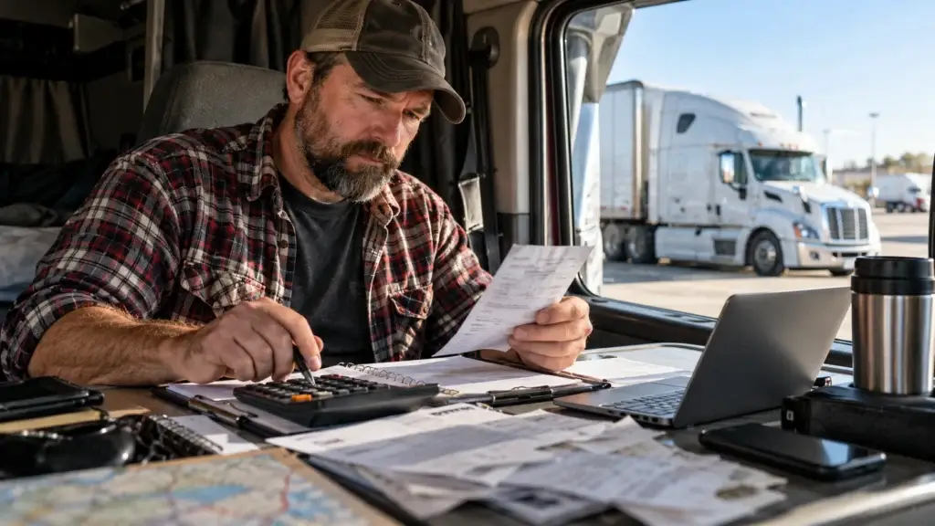 Owner-operator truck driver reviewing receipts, expenses, and business records inside a semi truck cab for tax deduction planning.