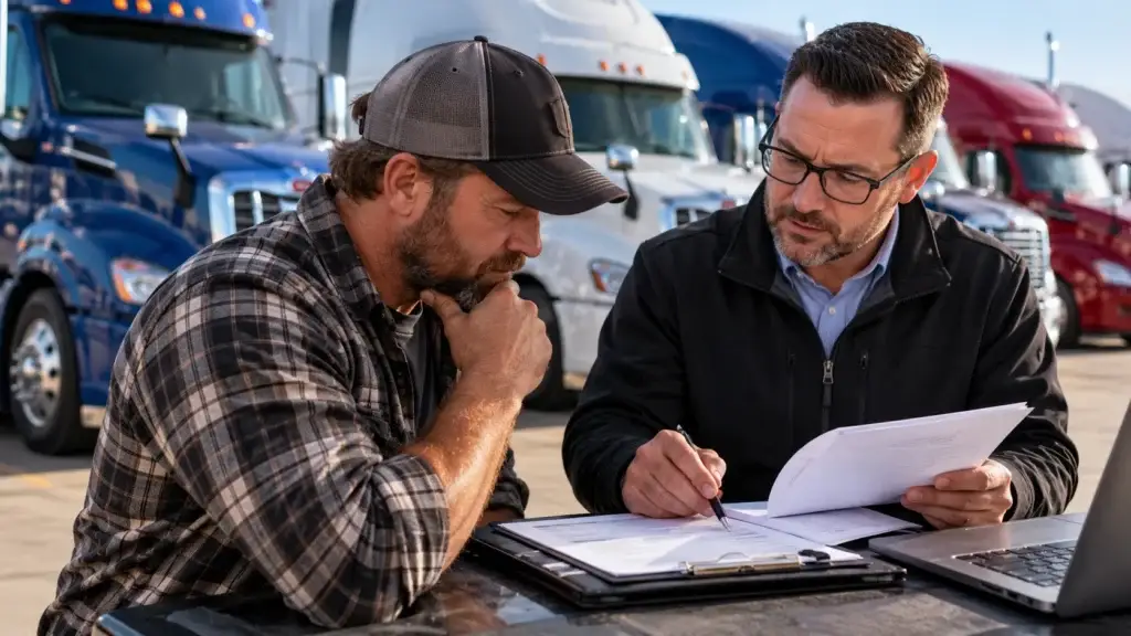Owner-operator reviewing commercial truck insurance coverage and policy documents with an insurance professional beside a row of semi-trucks.