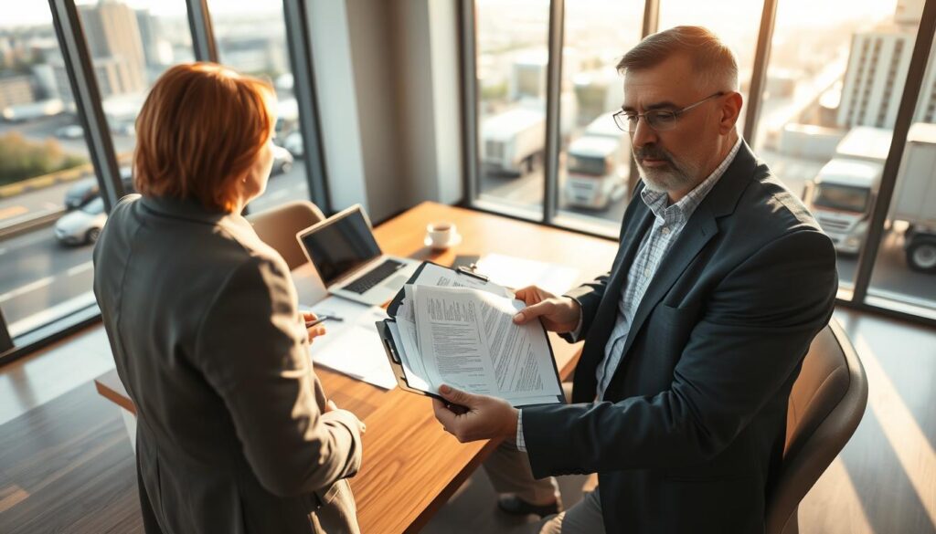 Insurance agent explaining primary liability coverage options to truck owner
