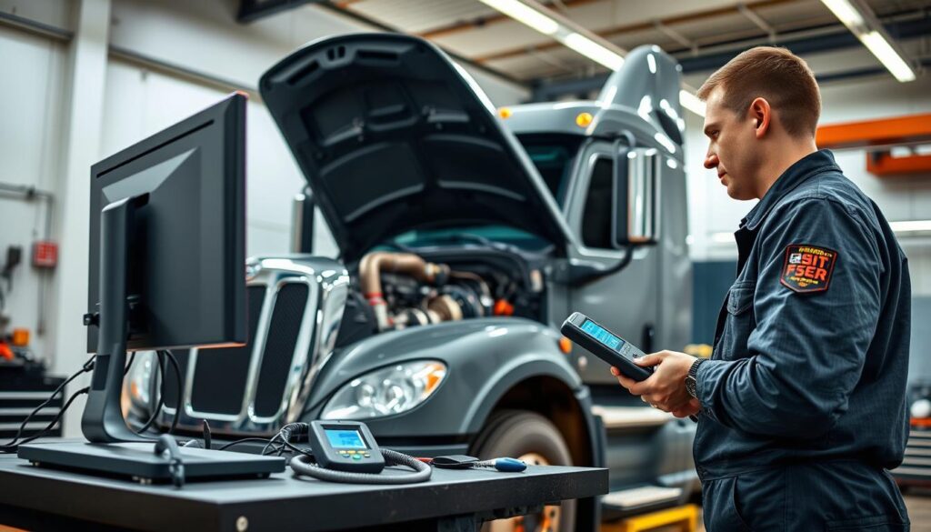 Diesel technician using OEM diagnostic scan tool to diagnose commercial truck electronic systems