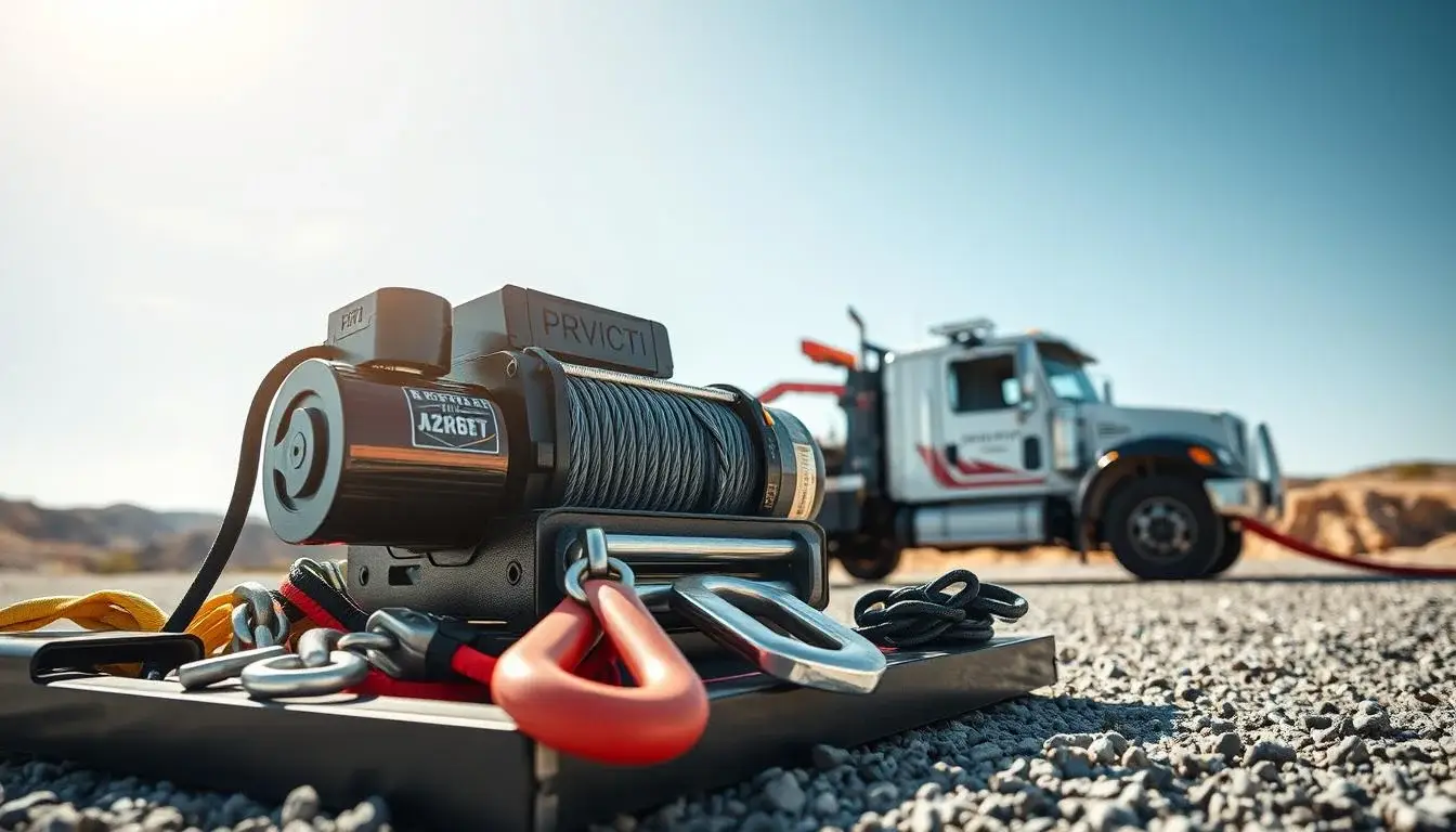 Heavy-duty wrecker winch system with steel cable and hydraulic controls for commercial vehicle recovery