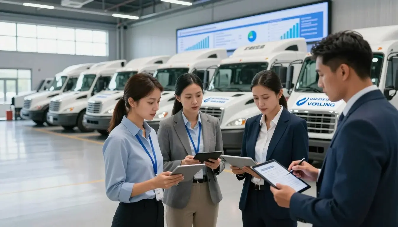 Fleet managers reviewing compliance data on tablets in front of commercial truck fleet